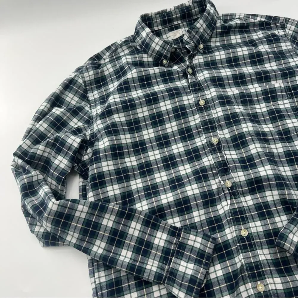 J. Crew Men’s Vintage Oxford Button Down Plaid Navy Blue Green Shirt Long Sleeve